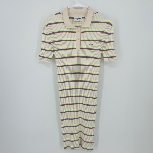 Lacoste Dresses & Skirts - Lacoste Made in France Striped Ribbed Knit Polo Dress Cream Green Red Size 38